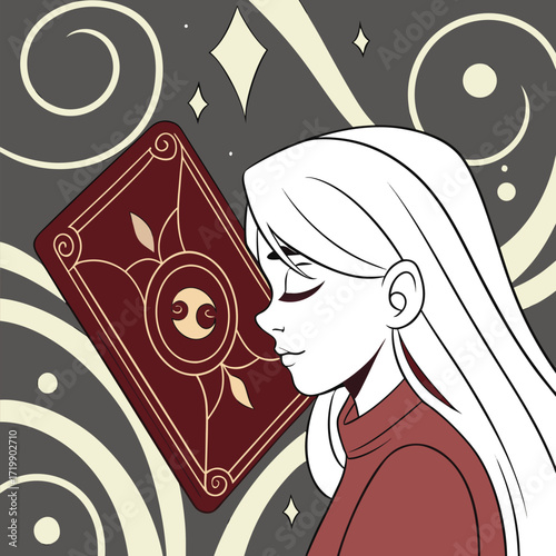 A young woman and a decorative oracle card with a vector background, Adobe Illustrator Artwork