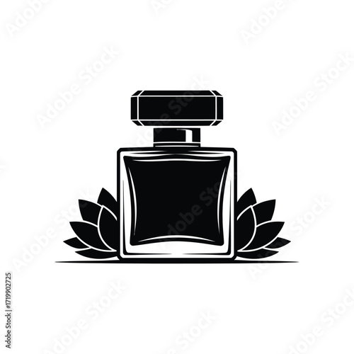 Elegant black and white illustration of a perfume bottle with stylized lotus petals