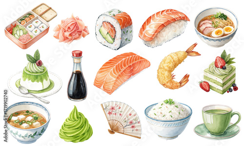 Watercolor Vector Set of Japanese Food, Sushi, Ramen, Miso Soup, Matcha Desserts