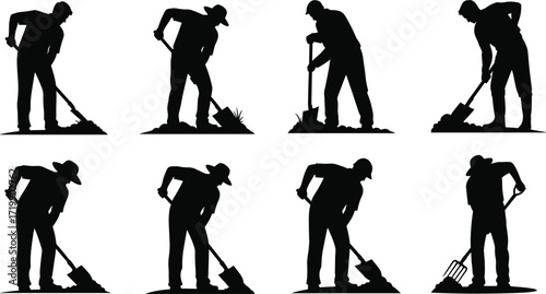 Silhouette of farmers digging, working with shovels, agriculture labor concept, manual farming, rural worker, soil, hard work, farming