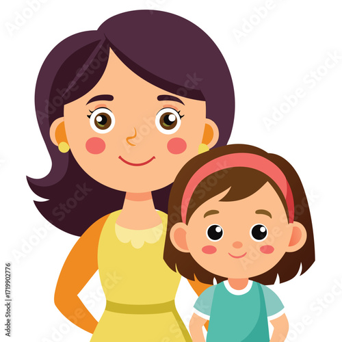family single mother with little daughter cartoon