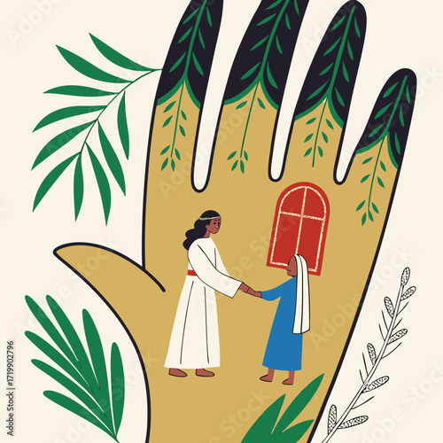  A Christian nun is rendering service with a God hand vector art Adobe Illustrator Artwork