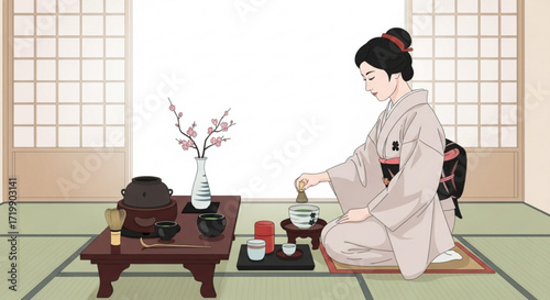 A serene illustration of a woman in traditional japanese attire performing a tea ceremony, set against a backdrop of shoji screens and tatami mats