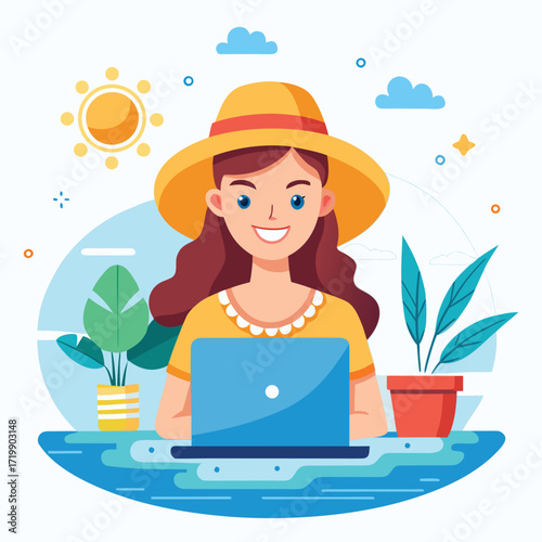 happy freelancer on summer day woman in hat