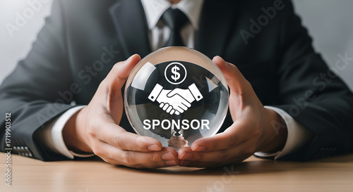 Businessman holding crystal ball with sponsorship handshake and dollar sign icon