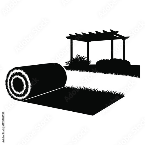 Roll of artificial turf unrolling onto a lawn with a pergola and landscaping in the background