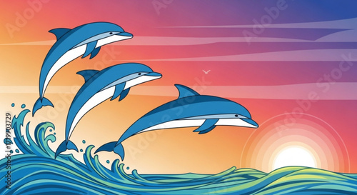 A vibrant illustration of three playful dolphins leaping from a turquoise wave against a stunning sunset backdrop, evoking a sense of joy and marine life beauty