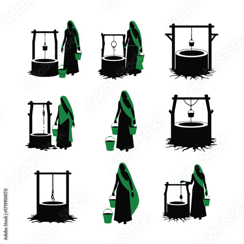 Vector art of woman drawing water from a well