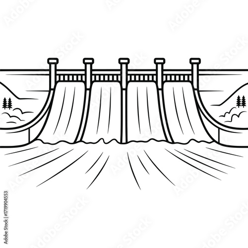 Black and white line drawing of a large dam with water flowing over the top and into a reservoir below