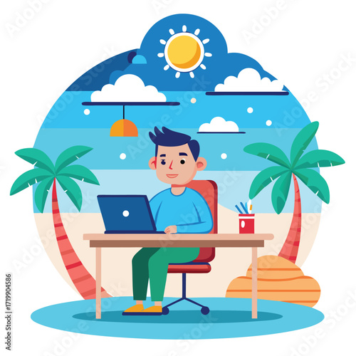 office employee dreams of vacation at sea