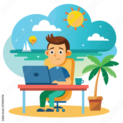 office employee dreams of vacation at sea man sit