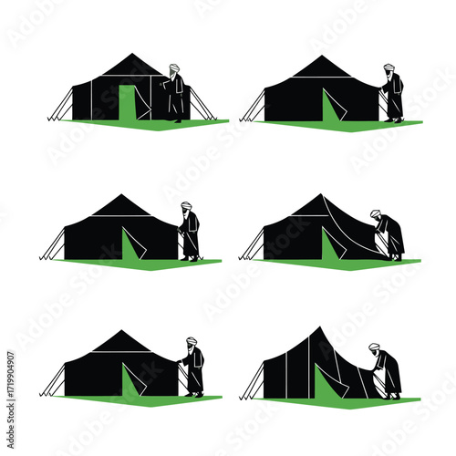 Vector art of man setting up a black tent in different stages