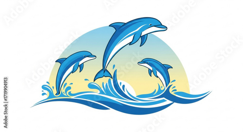 Three dolphins jumping out of the water with a splash, set against a backdrop of a rising sun