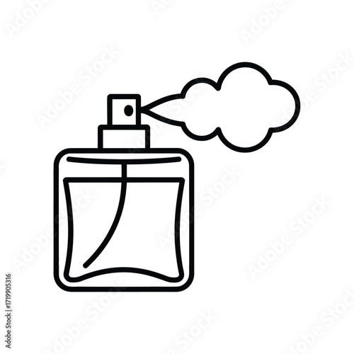 Minimalist outline illustration of a perfume bottle spraying a cloud of fragrance