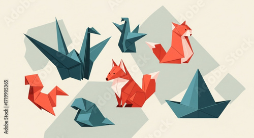 A collection of origami figures, including cranes, foxes, and a boat, in shades of blue and orange, , showcasing paper art