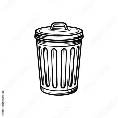 Vintage hand drawn sketch of a classic metal trash can with lid isolated on white background