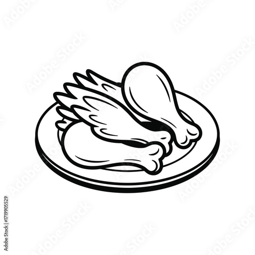 Simple line drawing of crispy fried chicken drumsticks and wings on a round plate