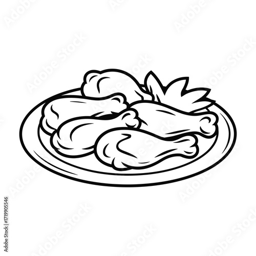 Simple outline drawing of a platter of cooked chicken drumsticks and thighs