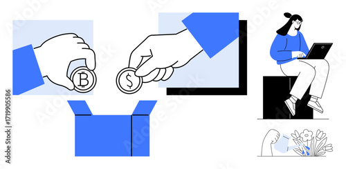 Hands holding Bitcoin and dollar coins drop them into a box a woman with a laptop observes. Ideal for finance, crowdfunding, crypto, savings, productivity, technology, contribution concepts. Simple