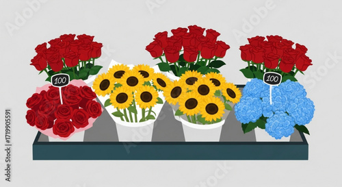 A vibrant display of flower bouquets, featuring roses, sunflowers, and hydrangeas, perfect for adding a touch of beauty to your designs