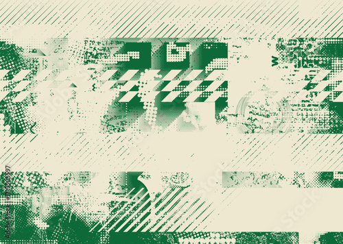 Glitch distorted geometric shape . Noise destroyed logo . Trendy cyber punk poster . Glitched frame .Grunge textured . Distressed effect .Vector shapes with a halftone dots screen print texture.