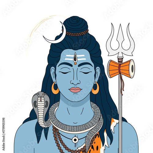 Illustration of the Hindu god Shiva with blue skin, crescent moon in hair, snake around neck, and holding a trident and drum.