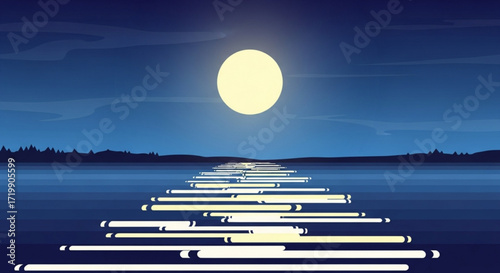 A serene night scene featuring a full moon reflecting on calm water, creating a path of light, with distant trees silhouetted against the dark blue sky
