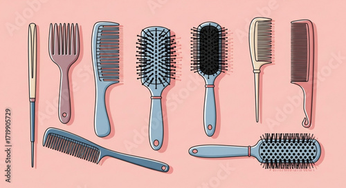 Collection of hair styling tools, including combs, brushes, and a hair pin, arranged on a pink background, perfect for beauty and personal care concepts