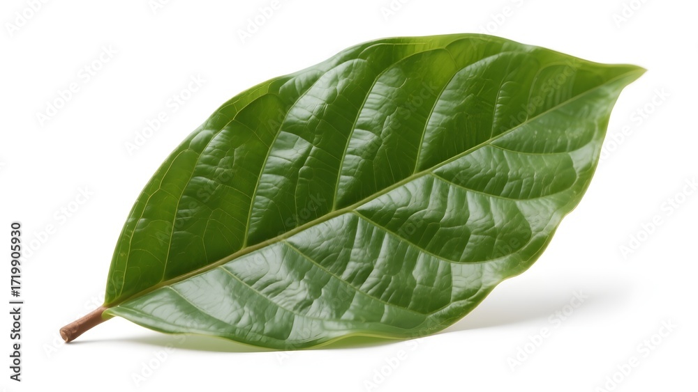Fototapeta premium Vibrant Green Leaf with Distinct Veins Set Against a White Background