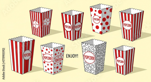 Collection of popcorn boxes with various designs, including stripes, polka dots, and stars, perfect for movie nights, snacks, and entertainment concepts