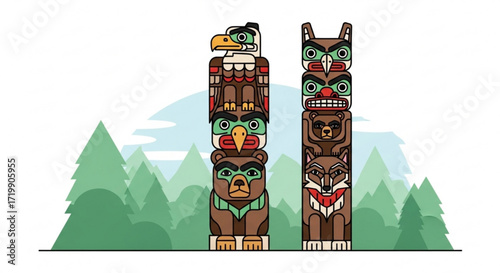 Two totem poles, showcasing the rich cultural heritage and artistic traditions of indigenous peoples with stylized animal figures