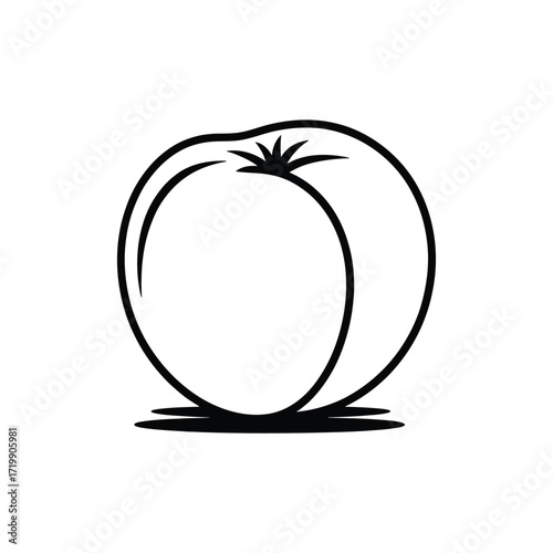 Simple black and white outline drawing of a fresh tomato with stem and leaves