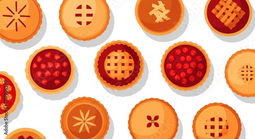 Overhead view of various pies, each with unique crust designs and fillings, creating a colorful and appetizing food pattern