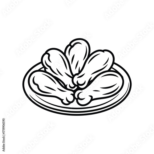 Simple black and white illustration of fried chicken drumsticks served on a plate
