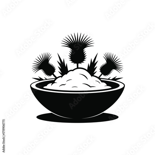 Black and white illustration of a bowl filled with mashed potatoes topped with thistles
