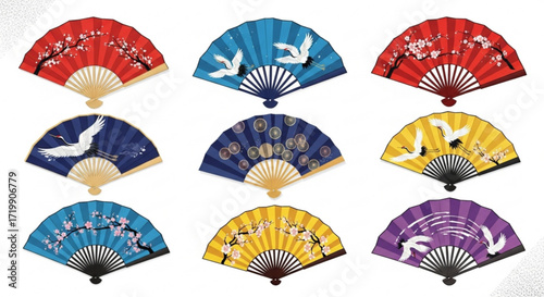 Collection of nine colorful hand fans with different designs, including cranes and flowers, , perfect for asianthemed designs