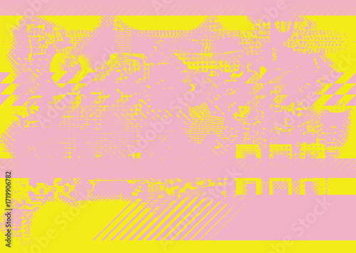 Glitch distorted geometric shape . Noise destroyed logo . Trendy cyber punk poster . Glitched frame .Grunge textured . Distressed effect .Vector shapes with a halftone dots screen print texture.