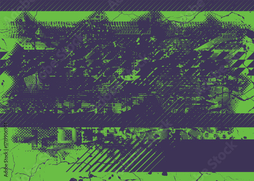 Glitch distorted geometric shape . Noise destroyed logo . Trendy cyber punk poster . Glitched frame .Grunge textured . Distressed effect .Vector shapes with a halftone dots screen print texture.