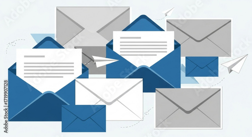 Envelopes and paper airplanes, symbolizing communication, mail, and messages in a modern and minimalist style