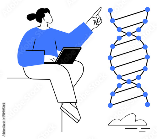 Woman sitting with laptop, pointing at DNA helix, symbolizing research and learning. Ideal for education, science, innovation, genetics, biotechnology data analysis and digital advancement. Simple