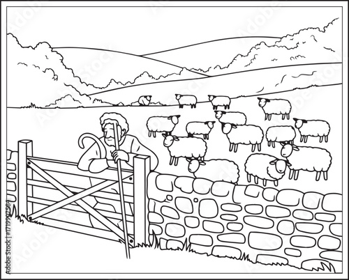 Countryside agriculture theme with farm animals, harvest elements, farmer in natural field black line art vector outline illustration beautiful coloring page for kids