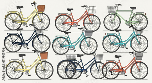 A delightful pattern of colorful bicycles with baskets, creating a whimsical and charming design, perfect for adding a touch of retro style to any project