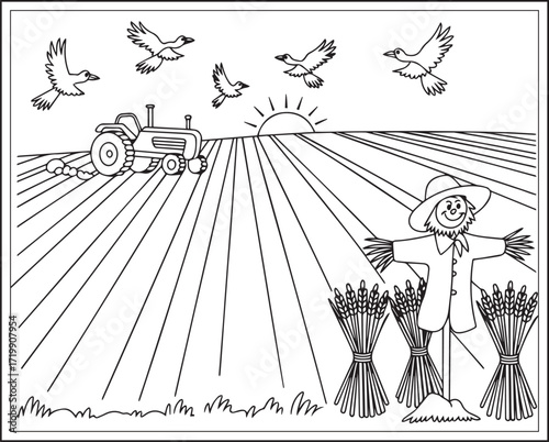 Countryside agriculture theme with farm animals, harvest elements, farmer in natural field black line art vector outline illustration beautiful coloring page for kids