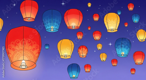 A mesmerizing display of sky lanterns floating gracefully in the night sky, creating a magical and enchanting atmosphere, perfect for celebrations and festivals