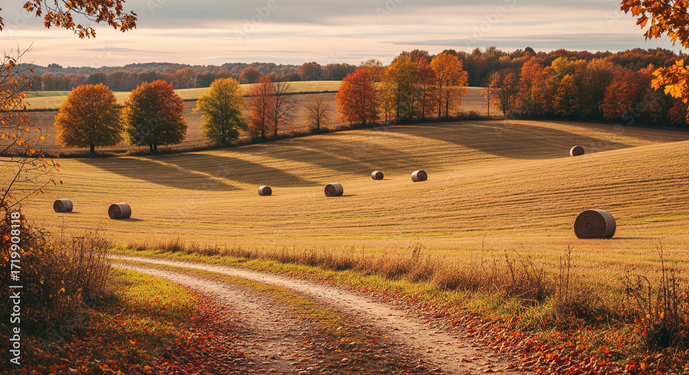 Fototapeta premium serene autumn landscape with hay bales scattered across golden fields