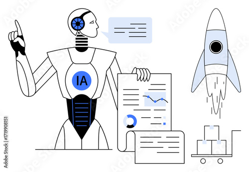 AI robot explaining data on charts, graphs, and documents. Rocket launching represents innovation and futuristic progress. Boxes on cart suggest logistics. Ideal for AI, technology, progress