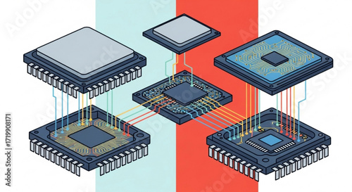 Illustration of interconnected computer chips, showcasing the intricate network and data flow within electronic devices