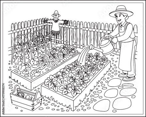Countryside agriculture theme with farm animals, harvest elements, farmer in natural field black line art vector outline illustration beautiful coloring page for kids
