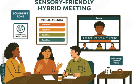 Sensory-Friendly Workplace Meeting Illustration: Flat Scene
