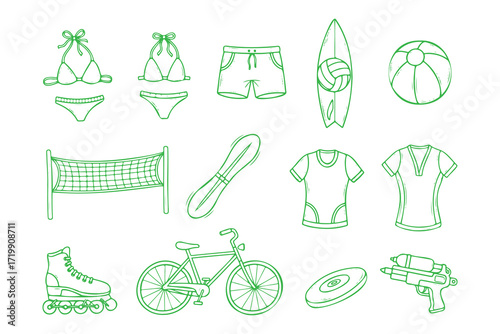sports equipment, athletic gear, weights, sneakers, volleyball net, racquet, yoga mat, bicycle, frisbee, swimming trunks, fitness tracker, exercise ball, gym bag, workout clothes, resistance bands